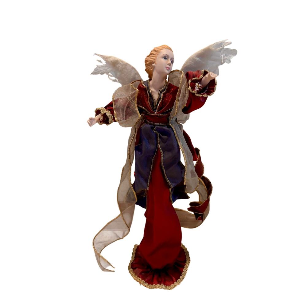 Angel Statue Figurine 17" Tall Red Burgundy Gold White Vintage Main Street Home